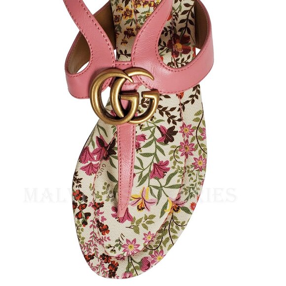 GUCCI SHOES DOUBLE G MARMONT LOGO LEATHER THONG FLORAL SOLE SANDAL sz 40 10 - Picture 10 of 16